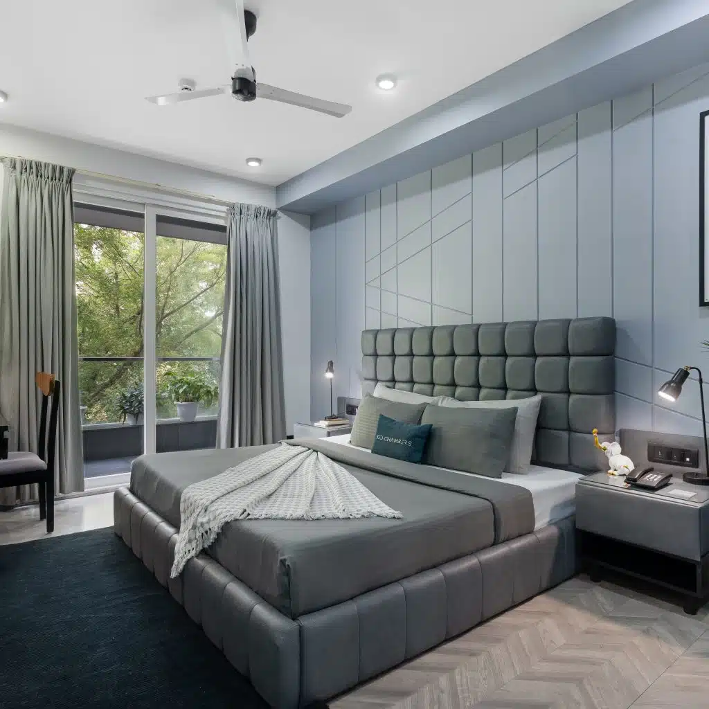 Bedroom View with Bed and Balcony entrance, Studio with Balcony, Service apartment in Gurgaon