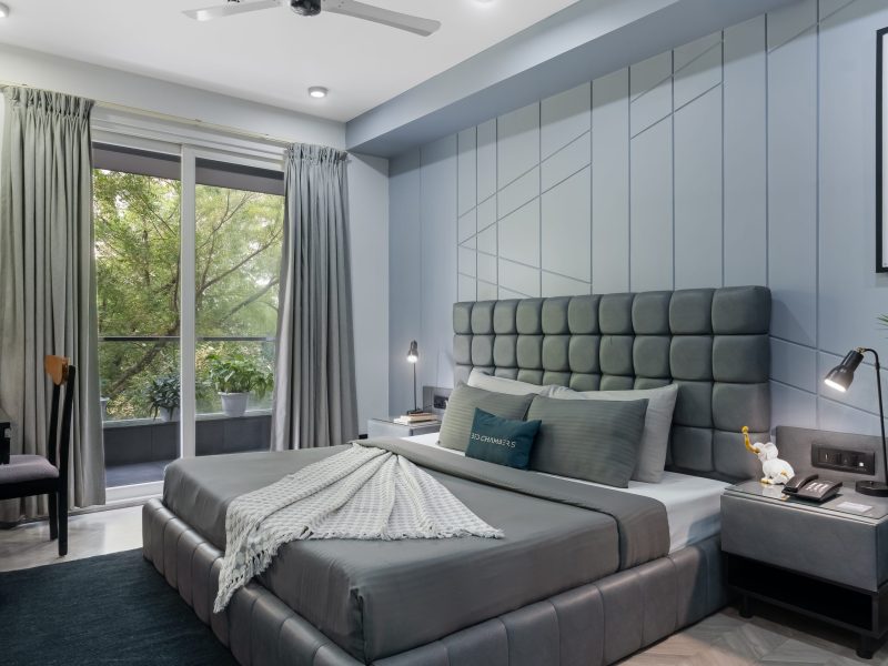Bedroom View with Bed and Balcony entrance, Studio with Balcony, Service apartment near MG Road