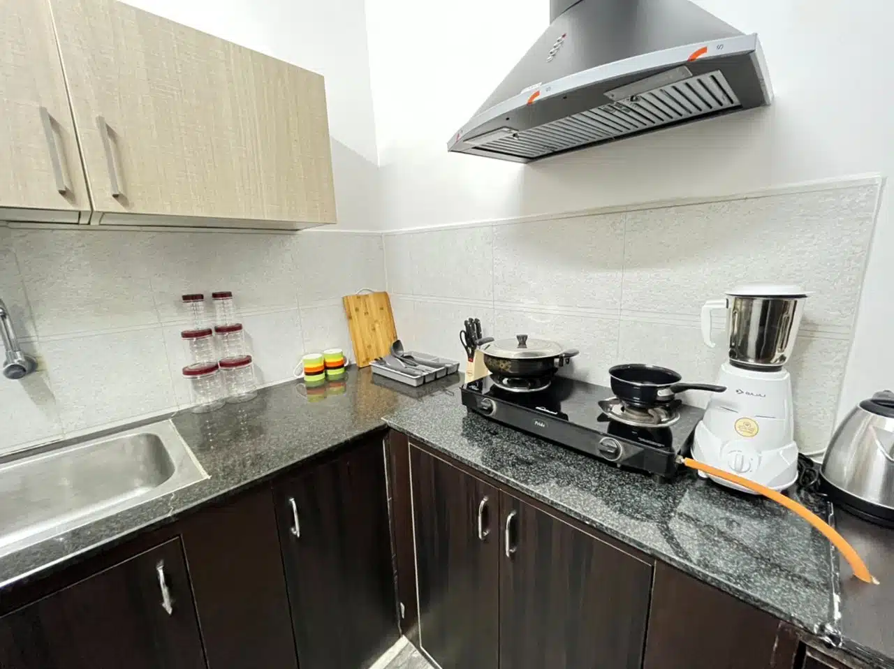 Kitchen, 1 BHK Service apartment with Bathtub & Balcony