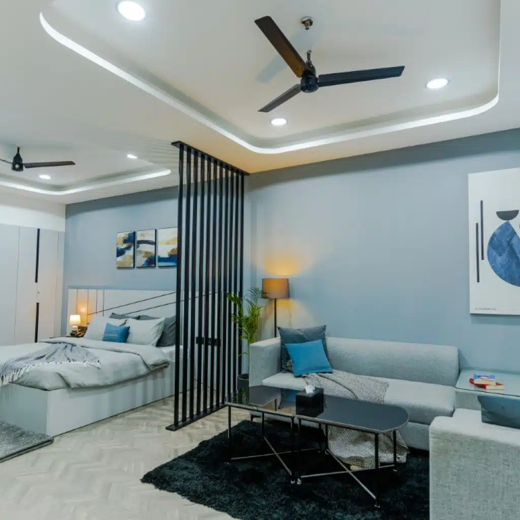 Wide View of Living Room in Service Apartment Near MG Road Metro, Gurgaon